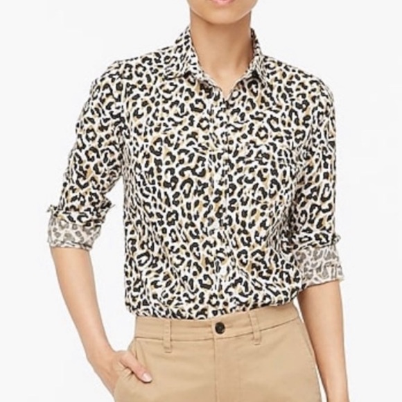J. Crew Tops - J. Crew Leopard Animal Linen Cotton Blend Slim Button Down Shirt Sz S